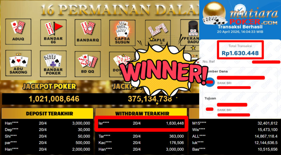 Bukti Withdraw ( 1.630.448,-) Member Setia MutiaraPoker