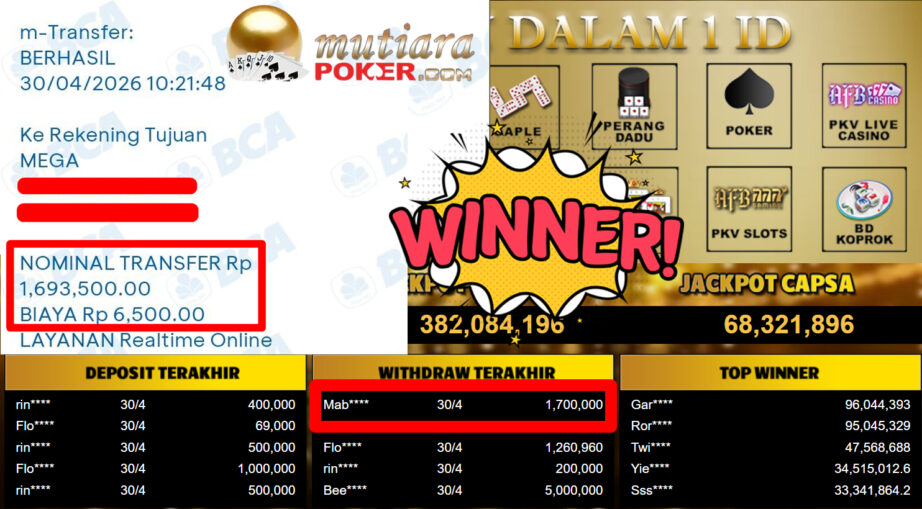 Bukti Withdraw ( 1.700.000,-) Member Setia MutiaraPoker
