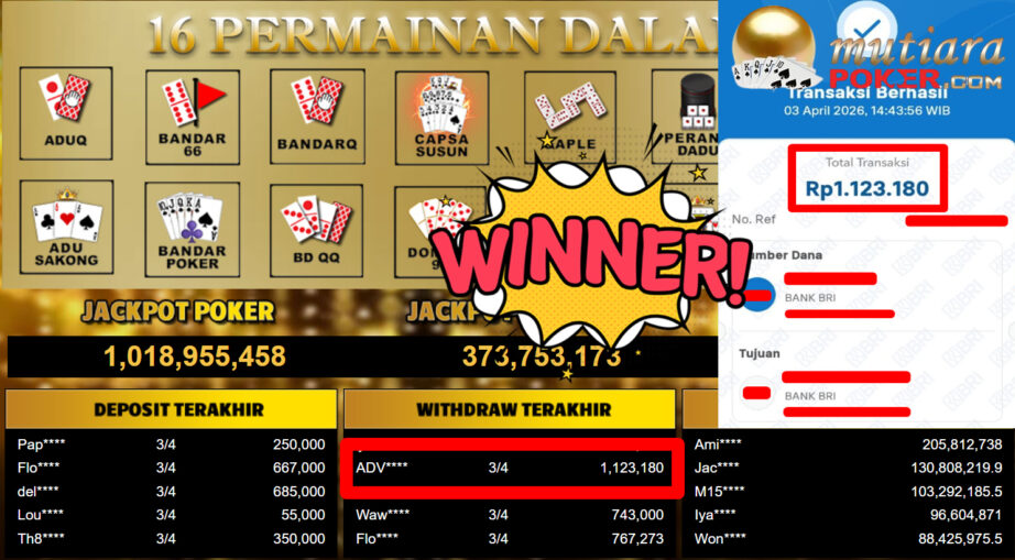 Bukti Withdraw ( 1.123.180,-) Member Setia MutiaraPoker