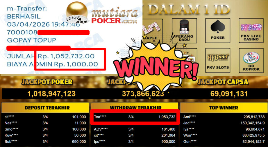 Bukti Withdraw ( 1.053.732,-) Member Setia MutiaraPoker