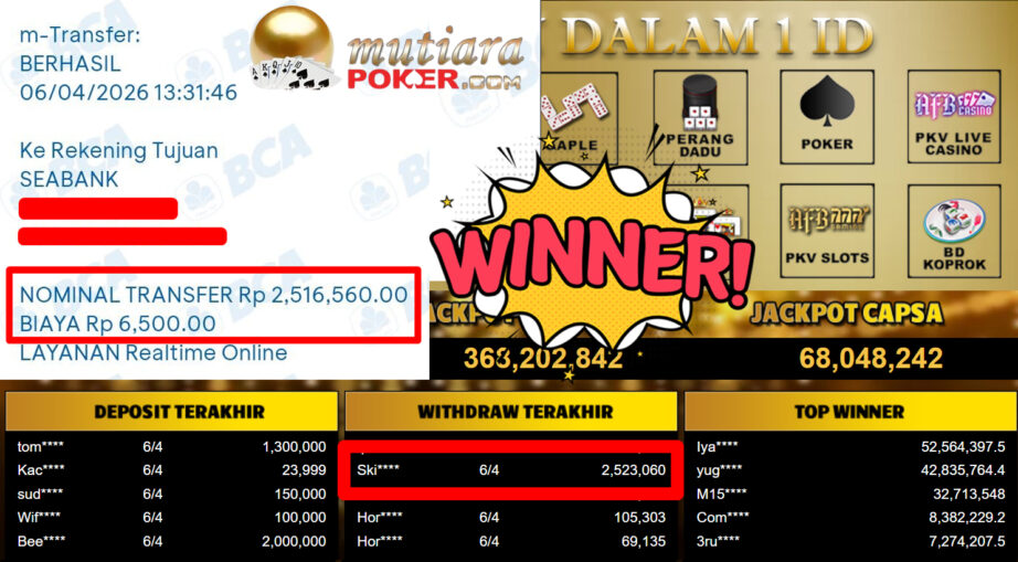 Bukti Withdraw ( 2.523.060,-) Member Setia MutiaraPoker