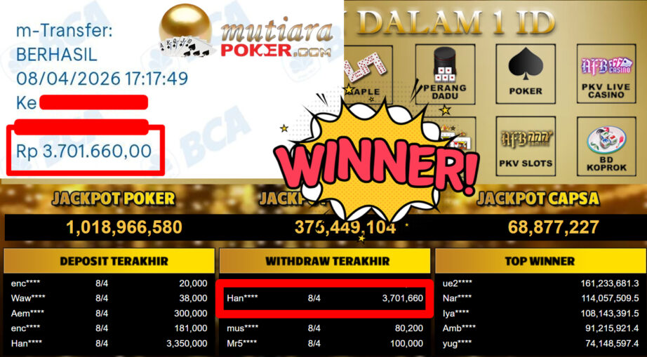 Bukti Withdraw ( 3.701.660,-) Member Setia MutiaraPoker