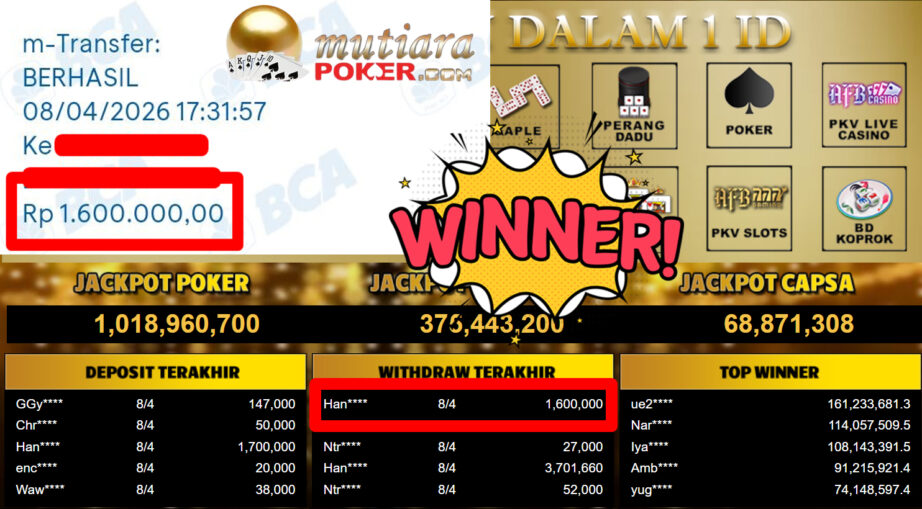 Bukti Withdraw ( 1.600.000,-) Member Setia MutiaraPoker