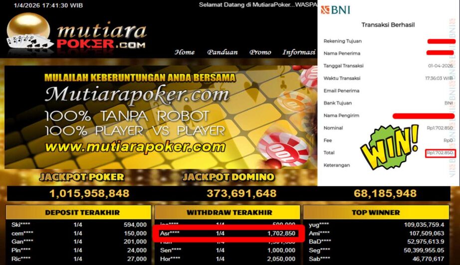 Bukti Withdraw ( 1,702,850,-) Member Setia Mutiarapoker