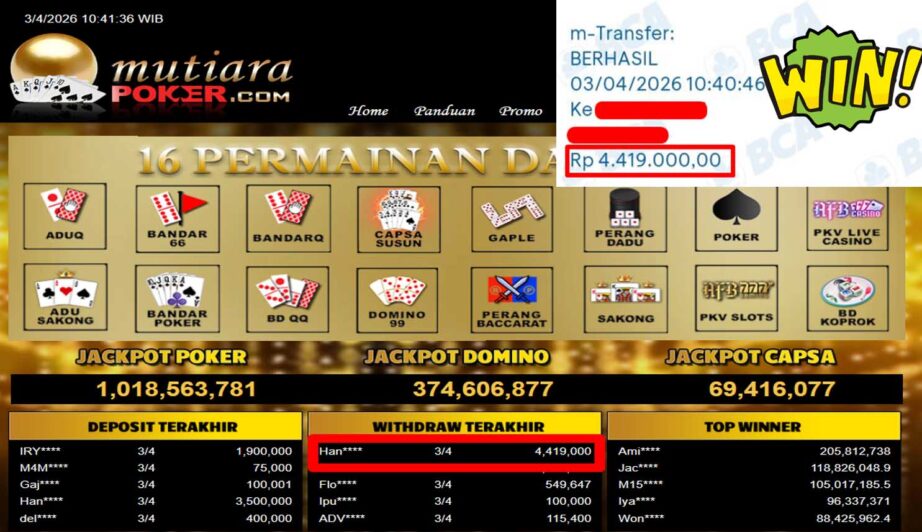 Bukti Withdraw ( 4,419,000,-) Member Setia Mutiarapoker