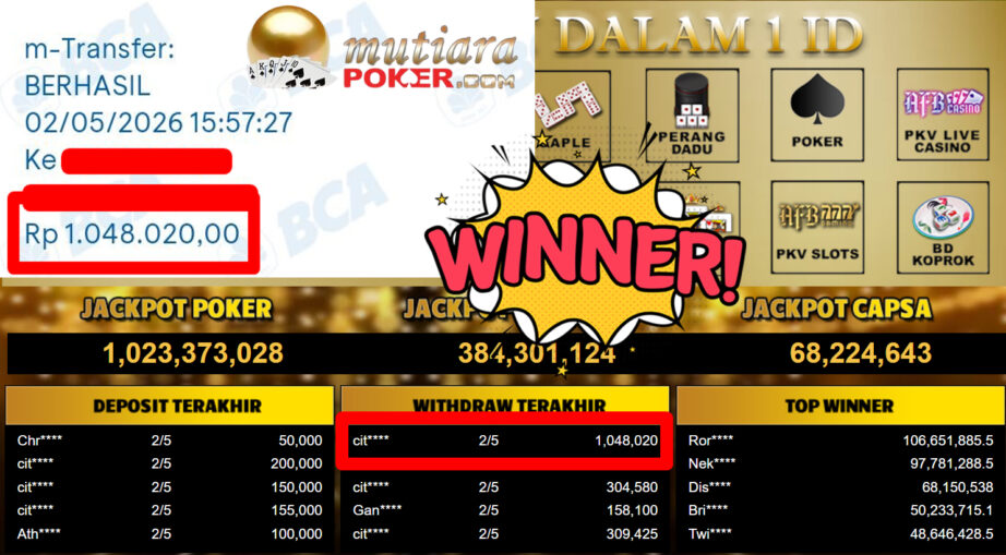 Bukti Withdraw ( 1.048.020,-) Member Setia MutiaraPoker