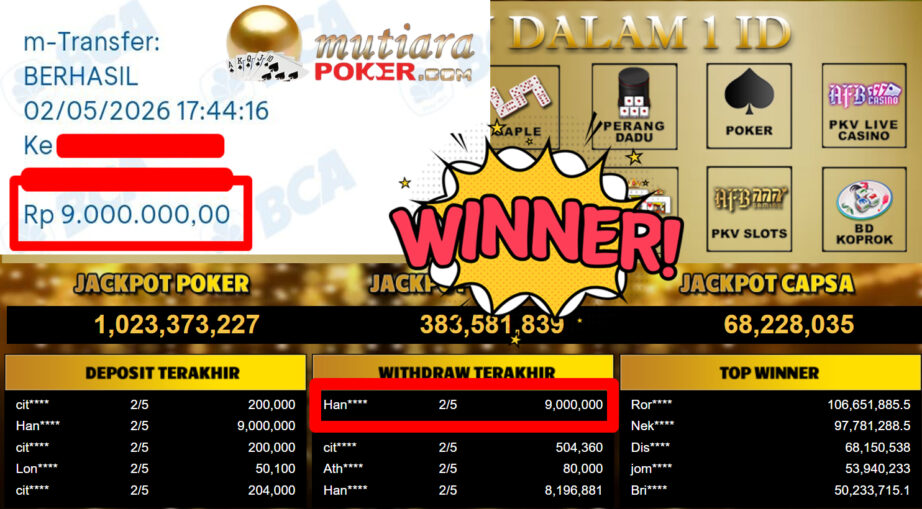 Bukti Withdraw ( 9.000.000,-) Member Setia MutiaraPoker