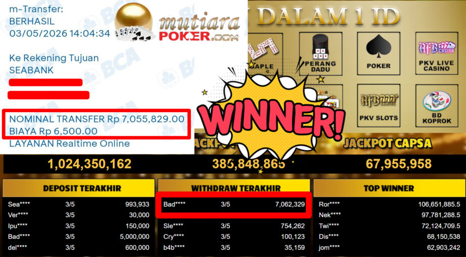 Bukti Withdraw ( 7.062.329,-) Member Setia MutiaraPoker