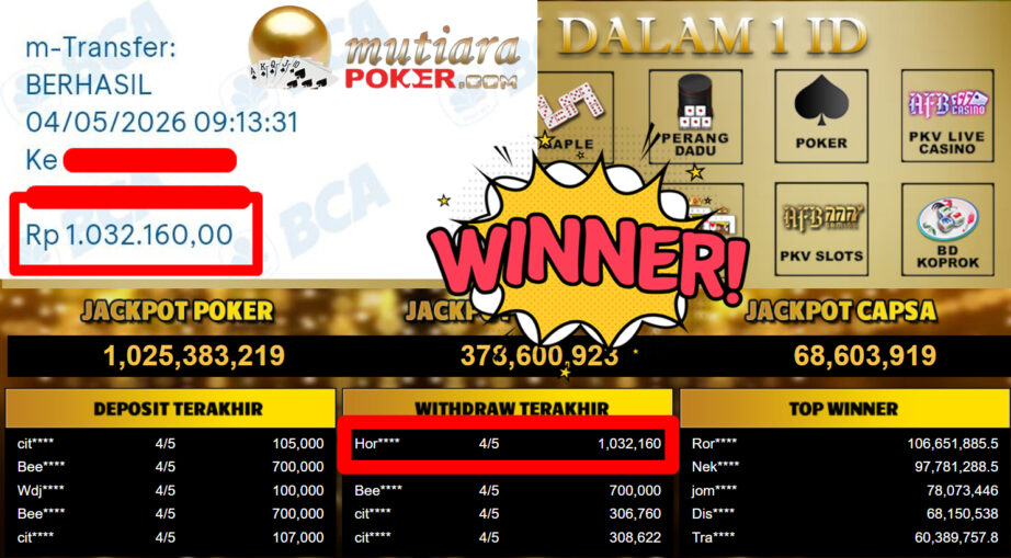 Bukti Withdraw ( 1.032.160,-) Member Setia MutiaraPoker