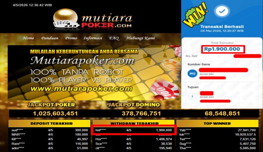 Bukti Withdraw ( 1,900,000,-) Member Setia Mutiarapoker