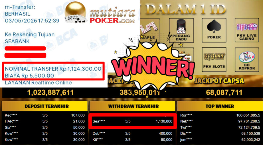 Bukti Withdraw ( 1.130.800,-) Member Setia MutiaraPoker