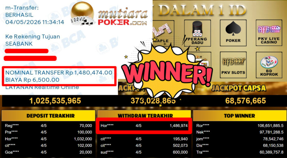 Bukti Withdraw ( 1.486.974,-) Member Setia MutiaraPoker