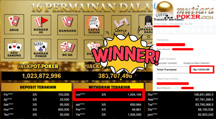 Bukti Withdraw ( 1.004.149,-) Member Setia MutiaraPoker