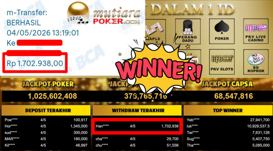 Bukti Withdraw ( 1.702.938,-) Member Setia MutiaraPoker