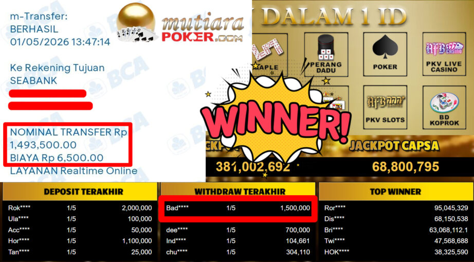 Bukti Withdraw ( 1.500.000,-) Member Setia MutiaraPoker