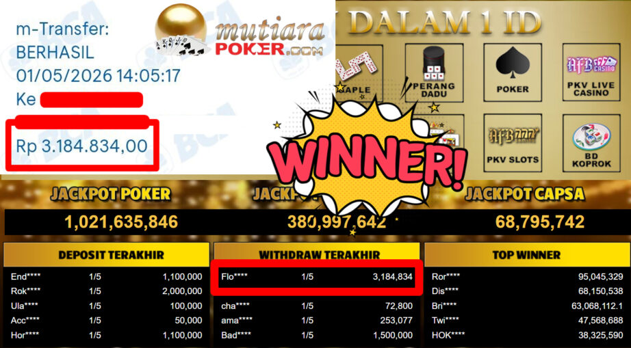 Bukti Withdraw ( 3.184.834,-) Member Setia MutiaraPoker