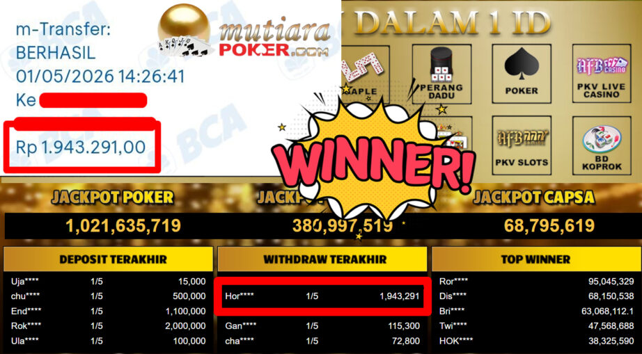 Bukti Withdraw ( 1.943.291,-) Member Setia MutiaraPoker